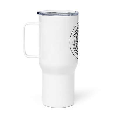 White travel mug with handle and clear lid featuring black circular design, called @Pulse Report Travel Mug with a Handle