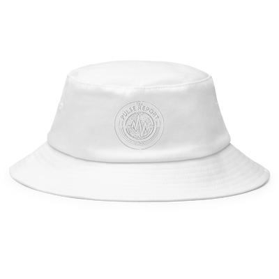 White bucket hat with embossed logo front brim, featuring @Pulse Report Bucket Hat | Flexfit 5003 design.