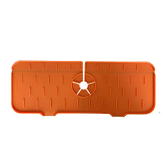 Orange rectangular Kitchen Faucet Mat with a central circular cutout and textured surface for protection.