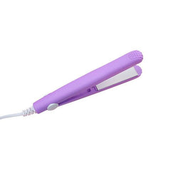 Purple compact Ceramic Mini Hair Straightener with white plates and a power button on the handle.