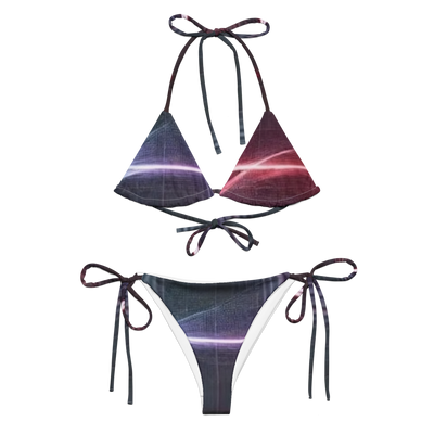 @Pulse Report All-Over Print Recycled String Bikini with dark gradient colors and glowing horizontal lines design