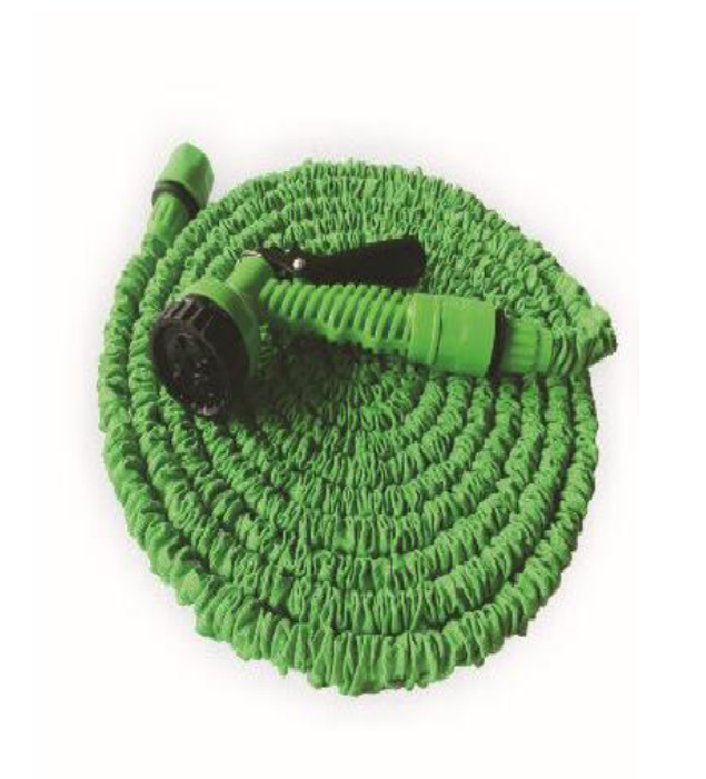 Green coiled Flexible Garden Hose with black and green spray nozzle and connector attachments.