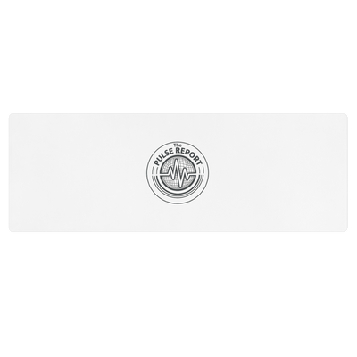 White yoga mat with a circular Pulse Report logo in the center, featuring heartbeat design and text 