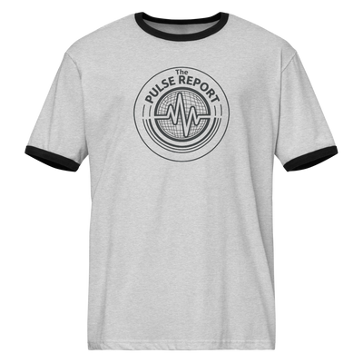 @Pulse Report Unisex Ringer T-Shirt | Next Level 3604 in light gray with black collar and sleeve bands, pulse graphic on front