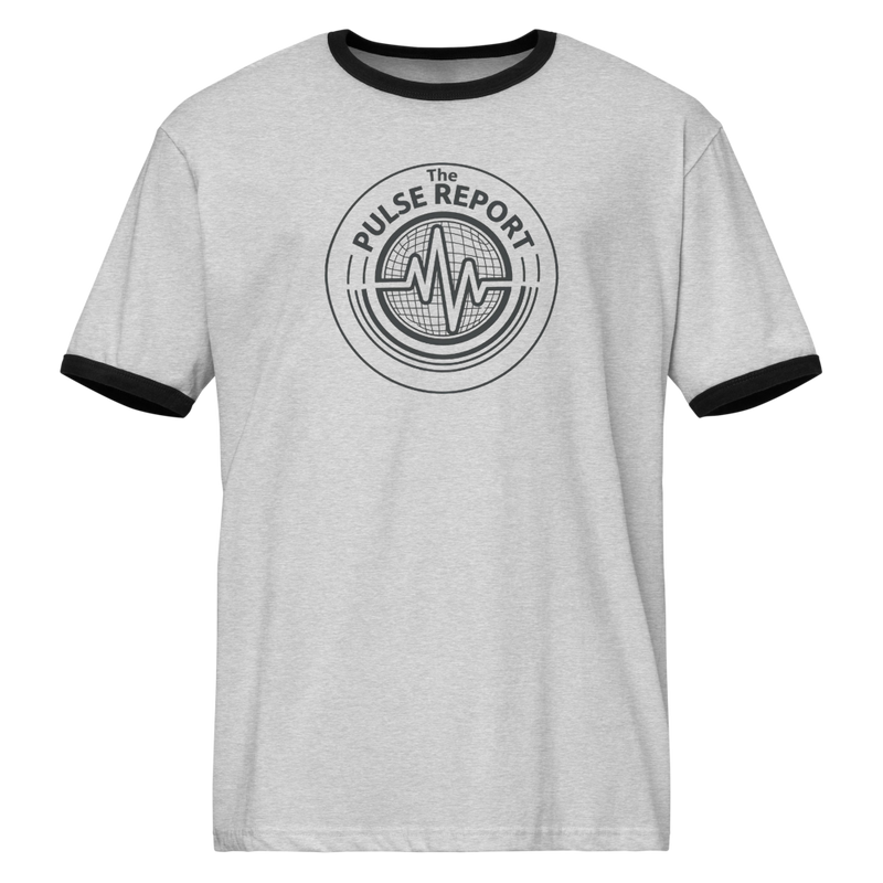 @Pulse Report Unisex Ringer T-Shirt | Next Level 3604 in light gray with black collar and sleeve bands, pulse graphic on front