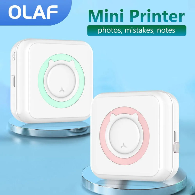 Mini Printer Portable Thermal Stickers showing two compact white printers with pastel green and pink accents on blue background