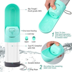 Portable Dog Drinker Bottle with one-hand operation, food-grade ABS trough, lock key, and durable bottom with sling rope.