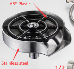 Glass Rinser Automatic Cup Washer with stainless steel body and ABS plastic rinsing arms in close-up view.