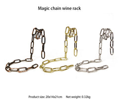 Three Magic Iron Chain Wine Bottle Holder racks in bronze, gold, and silver metal finishes displayed side by side.