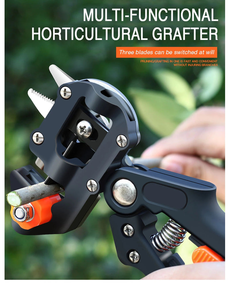 Multi-functional black Garden Tools Farming Pruning Shears with interchangeable blades cutting a branch outdoors