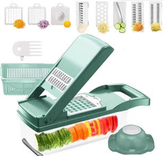 Vegetable Chopper Kitchen with multiple interchangeable blades and container for dicing, slicing, and grating vegetables.