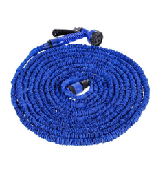 Blue Flexible Garden Hose coiled with attached black and blue spray nozzle for garden watering.
