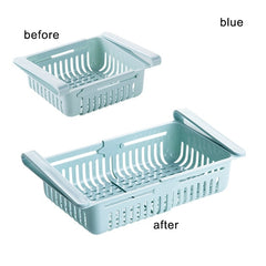 Blue extendable plastic Shelf Kitchen Organizer with slotted design for adjustable storage space.