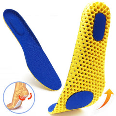 Memory Foam Insoles For Shoes in blue and yellow with honeycomb design and cushioning for foot support and comfort.