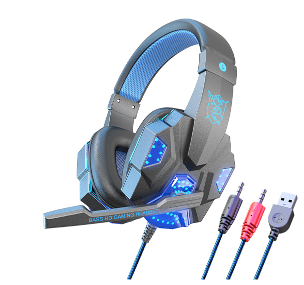 Led Light Wired Gamer Headset with blue LED lights, cushioned ear pads, adjustable headband, and multiple audio connectors.