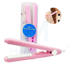 Pink Ceramic Mini Hair Straightener shown open with packaging and a close-up of use on hair strands.