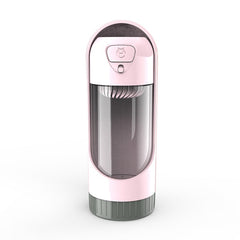 Portable Dog Drinker Bottle in pink and gray with a clear water reservoir and push button dispenser design