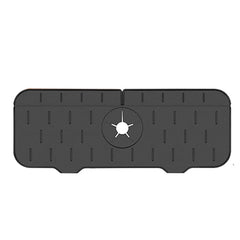 Black rectangular Kitchen Faucet Mat with central circular cutout and textured surface for durability and grip.