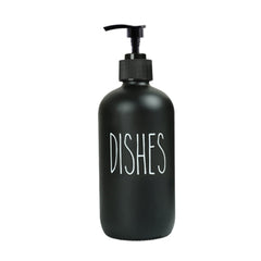 Black pump bottle labeled DISHES placed on a Kitchen Faucet Mat surface for dishwashing convenience