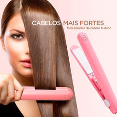 Woman using a pink Ceramic Mini Hair Straightener to smooth long straight brown hair on a light background