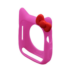 Pink Cat Watch Cover Case for Apple Watch with red bow detail, soft silicone protective shell design.