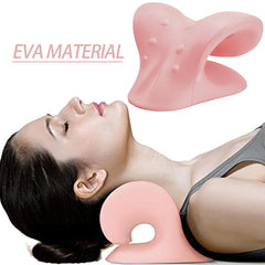 Woman using a pink Neck Shoulder Stretcher Pillow made of EVA material for neck and shoulder support