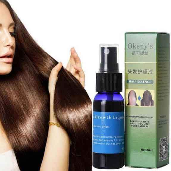 Woman with long smooth hair beside a bottle and box of Organic Hair Growth Essence hair care product