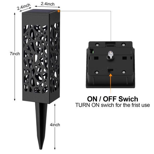 Solar Powered Waterproof Vintage Garden Light with black metal frame and decorative cutout design, showing dimensions and on/off switch.