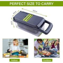 Vegetable Chopper Kitchen with handle and container, compact 12.5 by 4.5 inch, ideal for indoor and outdoor use.