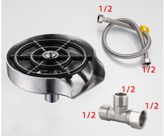 Glass Rinser Automatic Cup Washer with stainless steel rinser, flexible hose, and metal T-connector fittings.