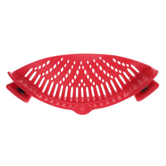Red flexible Silicone Kitchen Snap N Strain Filter designed to clip on cookware for easy draining and straining.