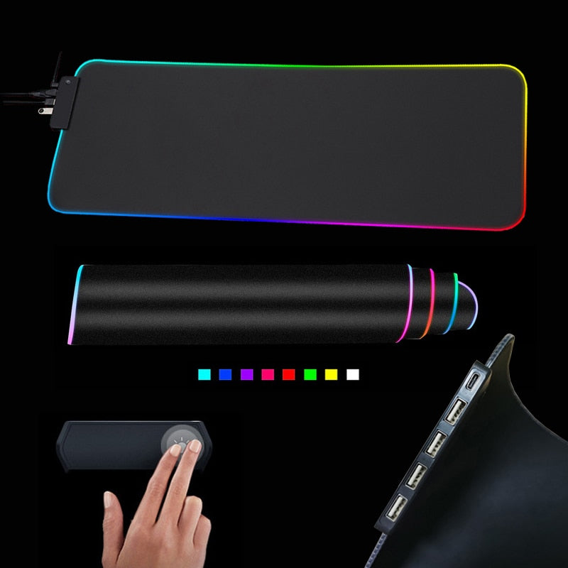 RGB Mouse Pad with Cable showing colorful LED lighting, rollable design, touch controls, and USB ports hub on black surface.