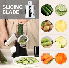 Kitchen Manual Grater slicing cucumber, potatoes, zucchini, and carrots into thin, even slices with a manual blade.