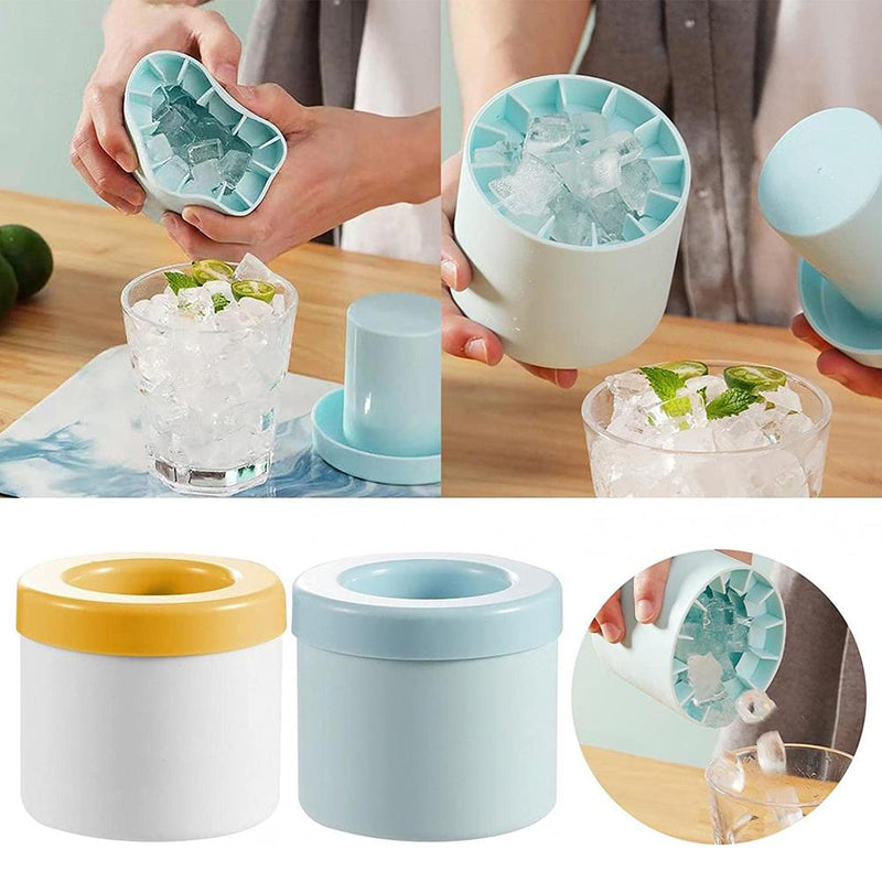 Silicone Cylinder Portable Ice Maker Bucket in blue and yellow making and releasing ice cubes into a glass