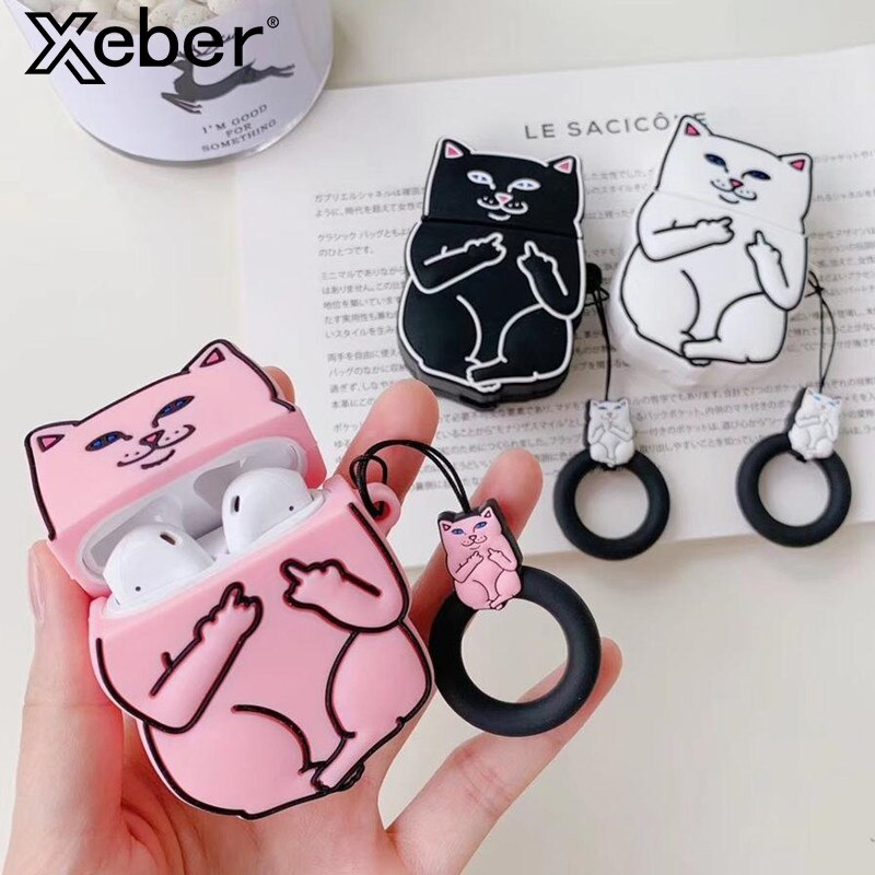 Cartoon Cat AirPods Case in pink, black, and white colors with a ring holder featuring a cat showing middle fingers.