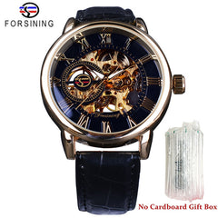 Men Luxury Brand Watch with black leather strap and gold skeleton dial showcasing mechanical movement details