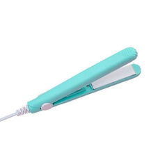 Turquoise Ceramic Mini Hair Straightener with white ceramic plates and ergonomic grip, shown open with power cord attached