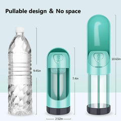 Portable Dog Drinker Bottle in teal showing pullable compact design next to a water bottle for size comparison.