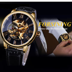 Men Luxury Brand Watch with gold-tone mechanical skeleton dial and black leather strap on wrist