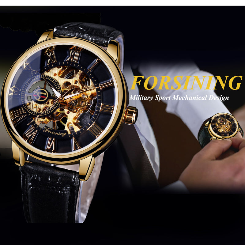 Men Luxury Brand Watch with gold-tone mechanical skeleton dial and black leather strap on wrist