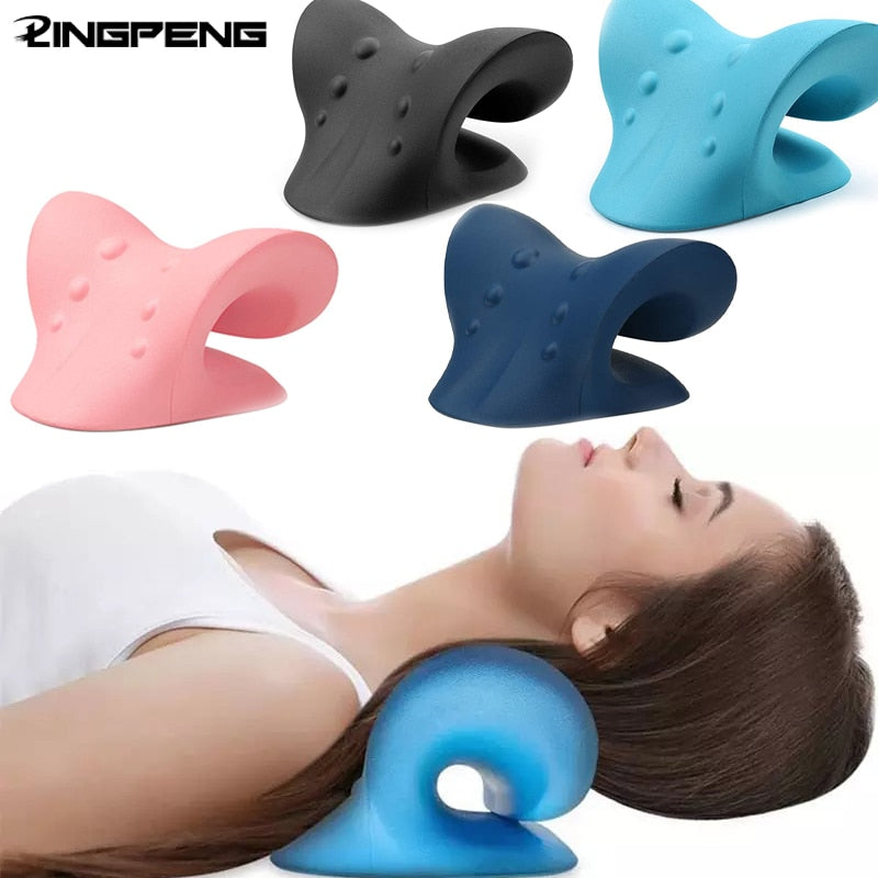 Woman using a blue Neck Shoulder Stretcher Pillow for neck support with additional black, pink, and navy color options shown.