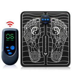 EMS Foot Massage device with digital remote and black foot pad featuring acupressure point design on white background