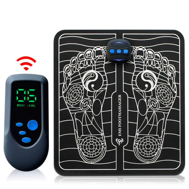 EMS Foot Massage device with digital remote and black foot pad featuring acupressure point design on white background