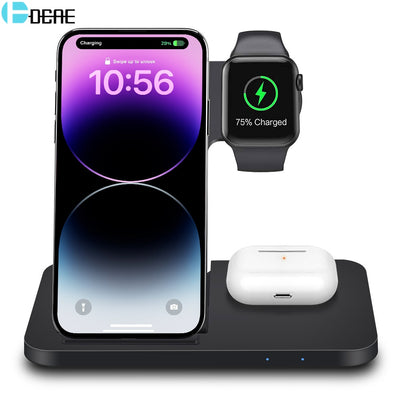 3in1 Wireless Fast Charger Dock Station charging a smartphone, smartwatch, and wireless earbuds case simultaneously