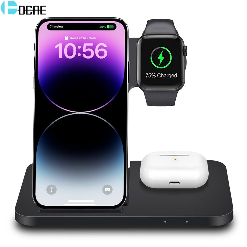 3in1 Wireless Fast Charger Dock Station charging a smartphone, smartwatch, and wireless earbuds case simultaneously