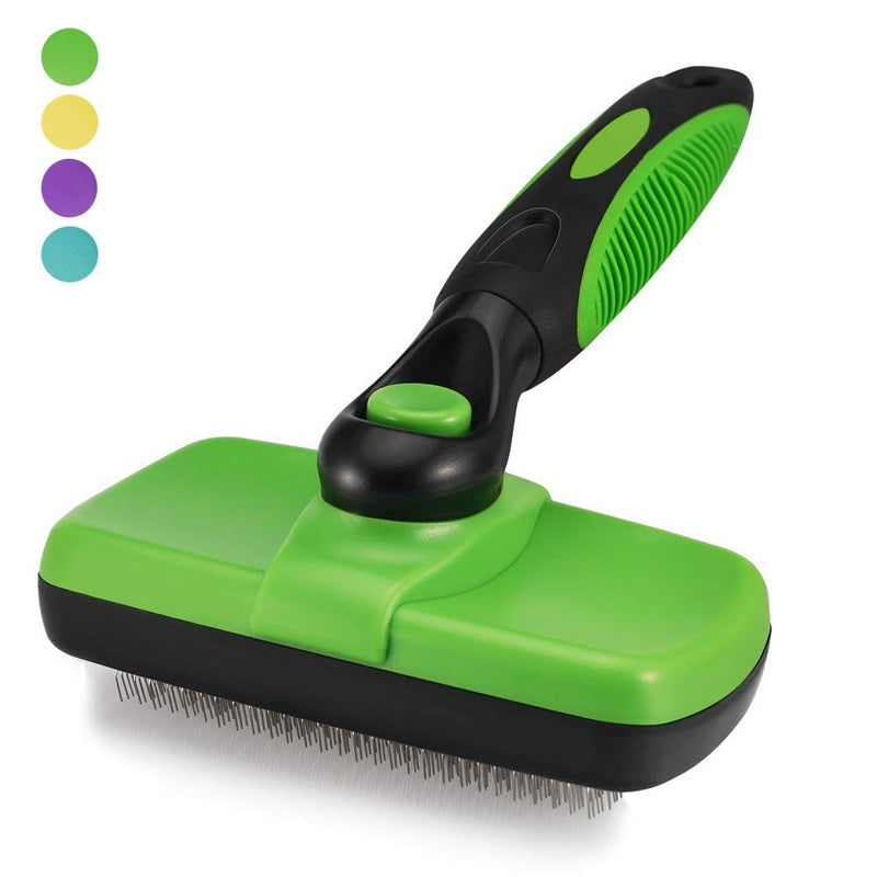 Green and black Self Cleaning Dog Brush with ergonomic handle and metal bristles for pet grooming and hair removal