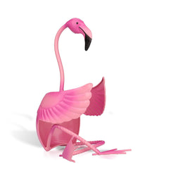 Pink metal Flamingo Wine Holder with long neck and wings designed to hold a wine bottle in its body.
