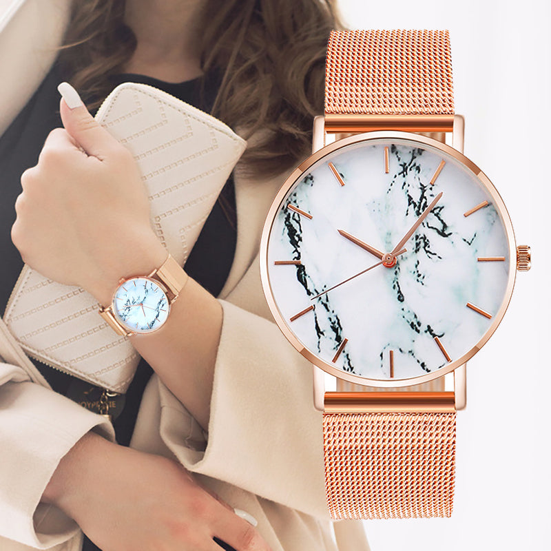Fashion Rose Gold Mesh Band Creative Marble Female Wrist Watch Luxury Women Quartz Watches Gifts Relogio Feminino Drop Shipping on model wrist.
