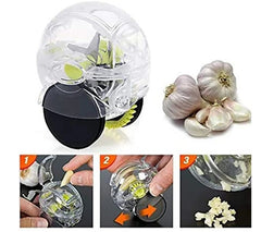 Rolling Garlic Chopper with transparent body and black wheels next to garlic cloves and step-by-step usage instructions.