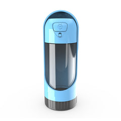 Portable Dog Drinker Bottle in blue with built-in water bowl and button for easy pet hydration on the go.